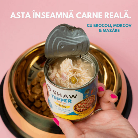 Hrana umeda cu piept de pui, morcov, broccoli si mazare in supa pentru caini Topper, 170 g, SHAW 743535