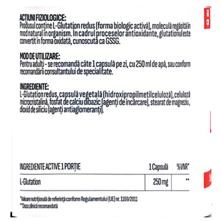 L-Glutathione Redus, 250 mg, 60 capsule, Health Evolution 743641