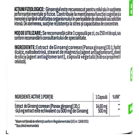 Ginseng Coreean, 500 mg, 60 capsule, Health Evolution 743667