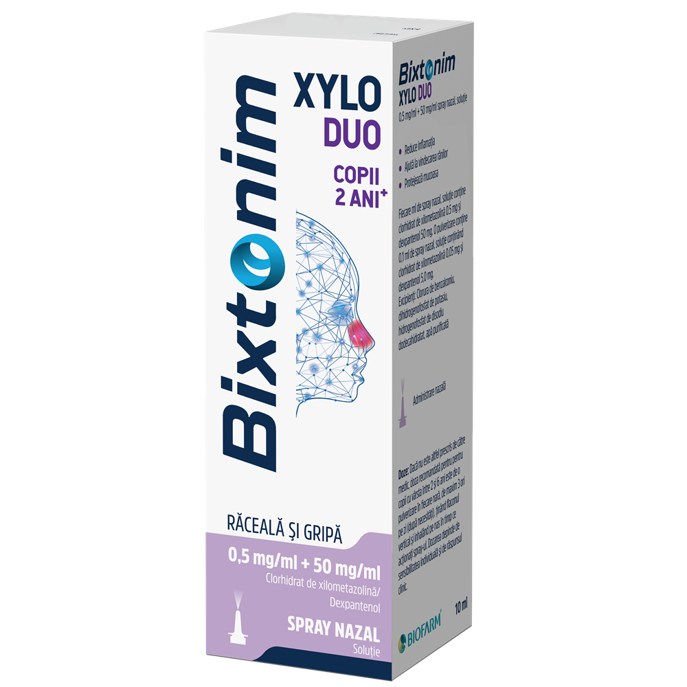 Bixtonim Xylo Duo copii, 0.5 mg/ml + 50 mg/ml spray nazal, soluție, 10,5 ml, Biofarm