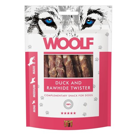 Recompense cu rata pentru caini Duck and Rawhide Twister, 100 g, Woolf