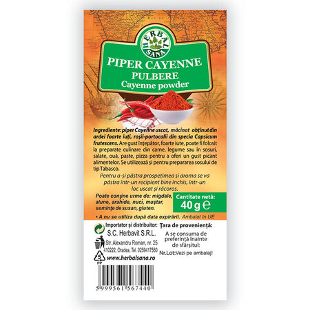Piper Cayenne pulbere Herbalsana, 40 g, Herbavit 744270