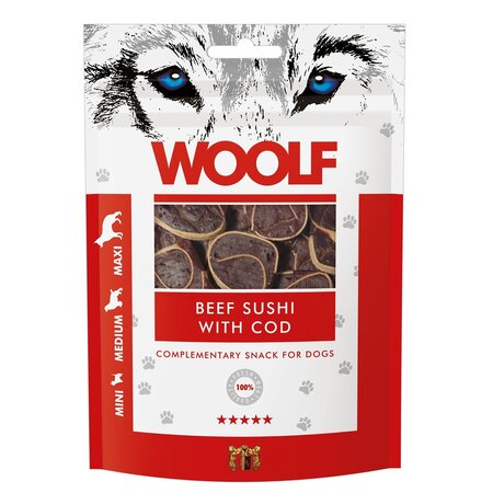 Recompense cu vita si cod pentru caini Beef Sushi With Cod, 100 g, Woolf