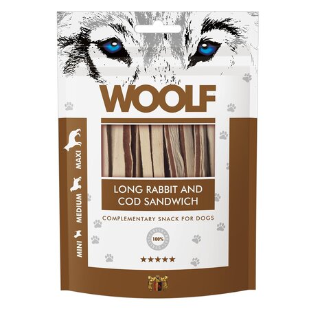 Recompense cu iepure si cod pentru caini Long Rabbit and Cod Sandwich, 100 g, Woolf