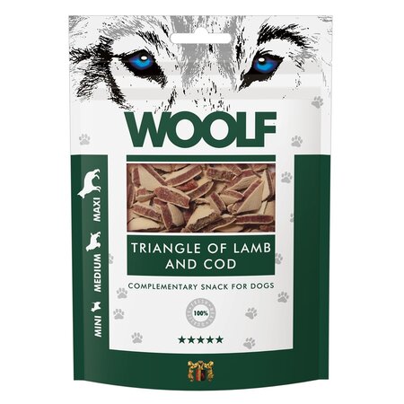 Recompense cu miel si cod pentru caini Triangle of Lamb and Cod, 100 g, Woolf