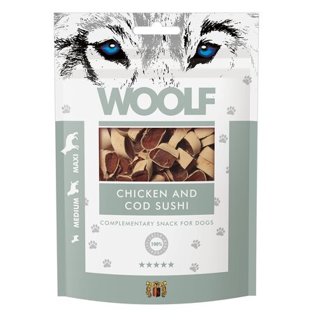 Recompense cu pui si cod pentru caini Chicken and Cod Sushi, 100 g, Woolf