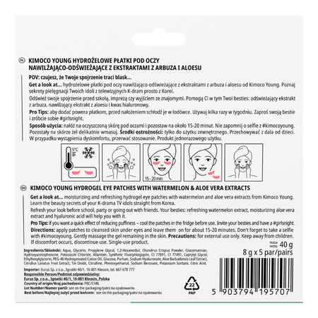 Plasturi din hidrogel cu extract de pepene verde si aloe vera pentru ochi Young, 10 bucati, Kimoco 744367