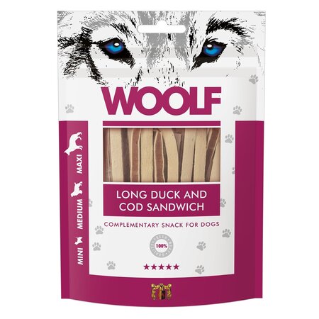 Recompense cu rata si cod pentru caini Long Duck and Cod Sandwich, 100 g, Woolf