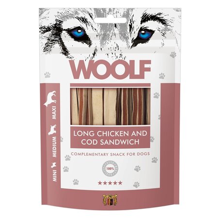 Recompense cu pui si cod pentru caini Long Chicken and Cod Sandwich, 100 g, Woolf