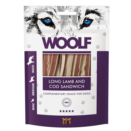 Recompense cu miel si cod pentru caini Long Lamb and Cod Sandwich, 100 g, Woolf