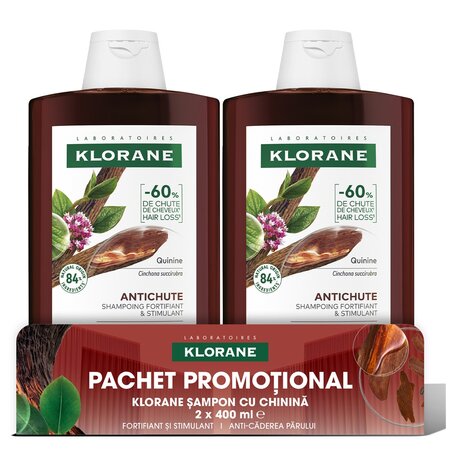 Pachet Sampon cu chinina si floare de colt, 2x400 ml, Klorane