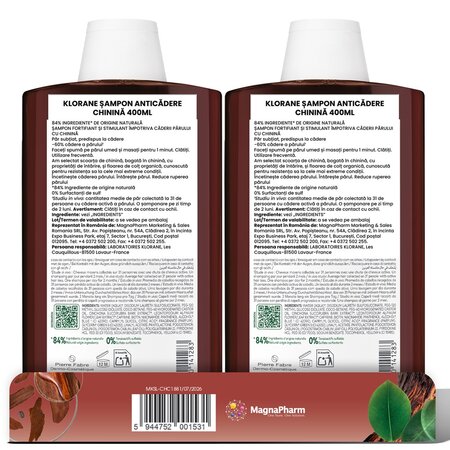 Pachet Sampon cu chinina si floare de colt, 2x400 ml, Klorane 746541