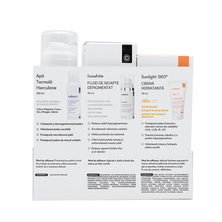 Kit Fara pete hiperpigmentare, Sunlight 360, 50 ml, Ivawhite fluid, 50 ml, Apa termala, 100 ml,, Ivatherm 747309