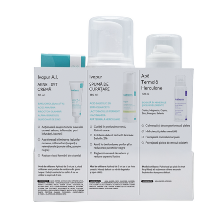 Kit Fara imperfectiuni, Apa termala, 100 ml, Ivapur spuma, 160 ml, Crema Ivapur AI, 30 ml,, Ivatherm 747316