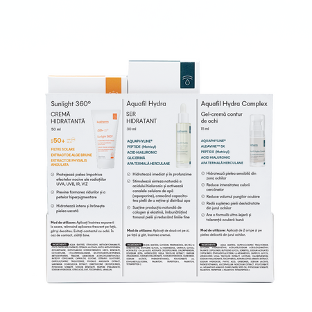 Kit Hidratare si protectie, Gel-crema Aquafil Hydra Complex,15 ml, Ser Aquafil Hydra, 30 ml, Crema cu SPF50+ Sunlight 360, 50 ml,, Ivatherm 747323