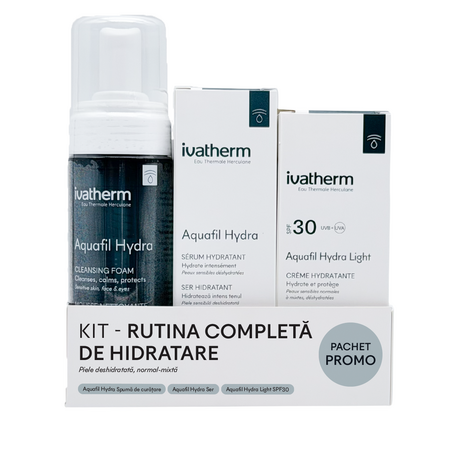 Kit Rutina completa de hidratare, Spuma Aquafil Hydra, 160 ml, Ser Aquafil Hydra, 30 ml, Crema cu SPF30 Aquafil Hydra Light, 50 ml,, Ivatherm
