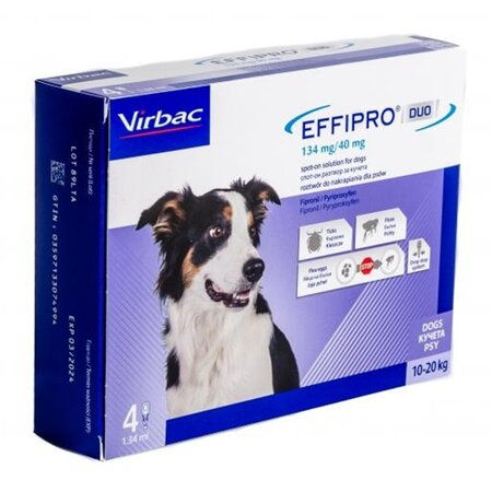 Solutie impotriva puricilor si capuselor pentru caini Effipro Duo, M (10-20 kg), 4 pipete, Virbac 748007