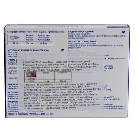 Solutie impotriva puricilor si capuselor pentru caini Effipro Duo, M (10-20 kg), 4 pipete, Virbac 748008