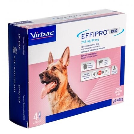 Solutie impotriva puricilor si capuselor pentru caini Effipro Duo, L (20-40 kg), 4 pipete, Virbac 748012