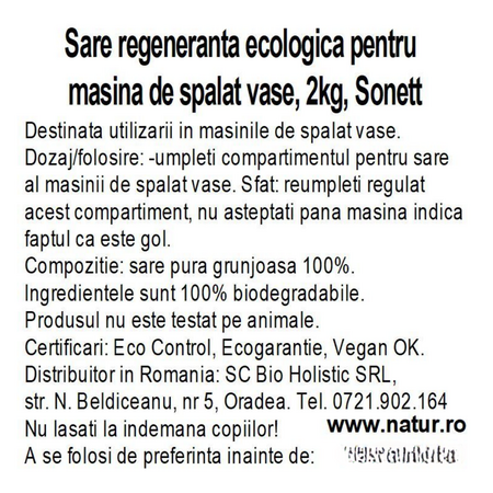 Sare regeneranta pentru dedurizarea apei in masina de spalat vase, 2 kg, Sonett 748783