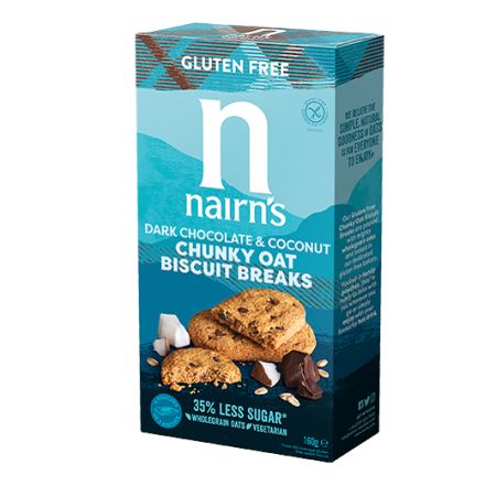 Biscuti fara gluten din ovaz integral cu ciocolata neagra 160 g, Nairns 