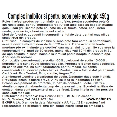 Inalbitor ecologic si aditiv pentru indepartarea petelor de pe textile, 450 g, Sonett 748940