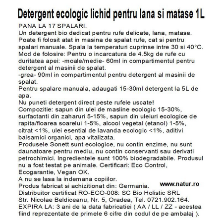 Detergent lichid ecologic pentru lana, matase si textile delicate, 1000 ml, Sonett 748958