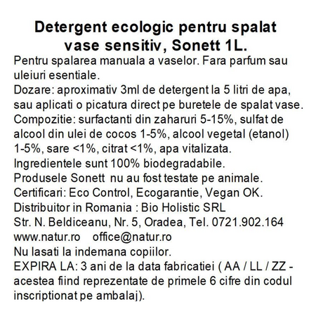 Detergent lichid fara parfum pentru spalarea manuala a vaselor, 1000 ml, Sonett 749032