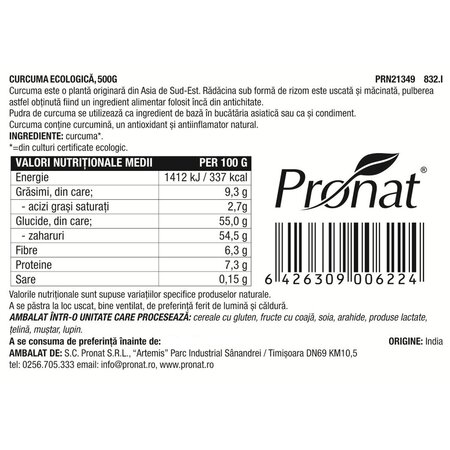 Pudra de Curcuma bio, 500 g, Pronat 750165