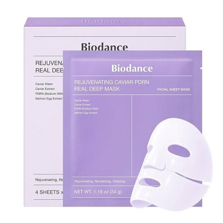 Set masti cu PDRN si extract de caviar, Rejuvenating Caviar PDRN Real Deep Mask, 4 bucati x 34g, Biodance