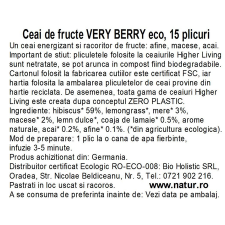 Ceai Bio de fructe Very Berry, 15 plicuri, Higher Living 749792