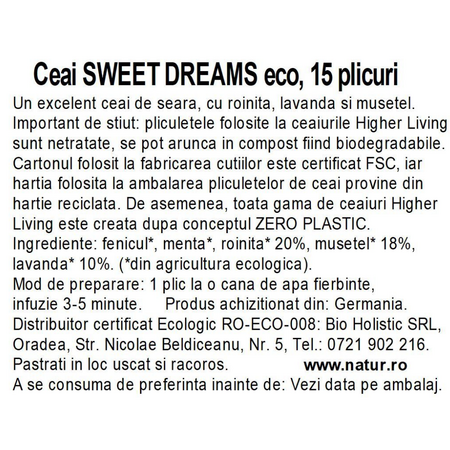 Ceai Bio Sweet Dreams, 15 plicuri, Higher Living 749801