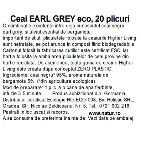 Ceai Bio Earl Grey, 20 plicuri, Higher Living 749805