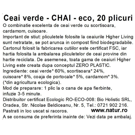 Ceai verde Bio Chai, 20 plicuri, Higher Living 749810