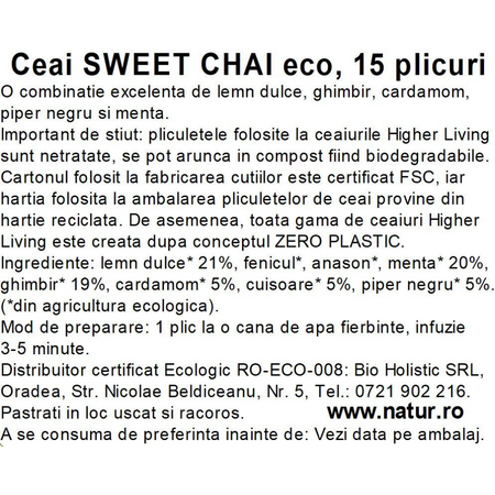 Ceai Bio Sweet Chai, 15 plicuri, Higher Living 749816
