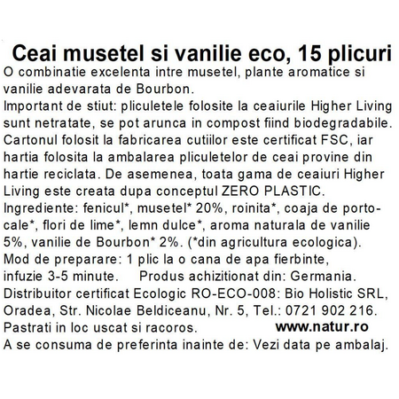 Ceai Bio cu musetel si vanilie, 15 plicuri, Higher Living 749821
