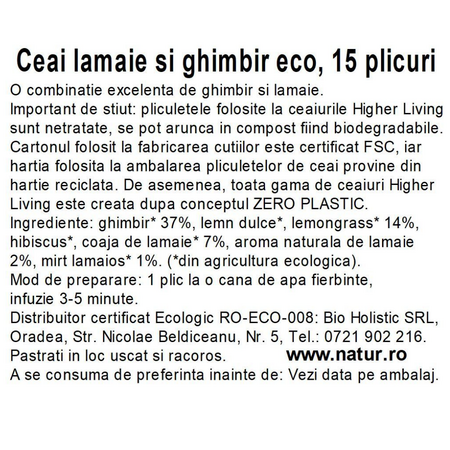 Ceai Bio cu lamaie si ghimbir, 15 plicuri, Higher Living 749825