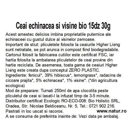 Ceai Bio cu echinacea si visine, 15 plicuri, Higher Living 749830
