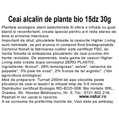 Ceai Bio alcalin de plante, 15 plicuri, Higher Living 749835