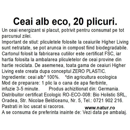 Ceai alb Bio, 15 plicuri, Higher Living 749840