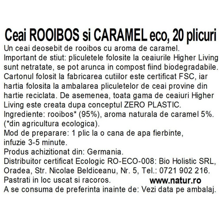 Ceai Bio de rooibos si caramel, 20 plicuri, Higher Living 749848