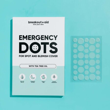 Plasturi pentru cosuri cu ulei de arbore de ceai Emergency Dots, Pimple Patches, 72 bucati, Breakout+Aid 750353