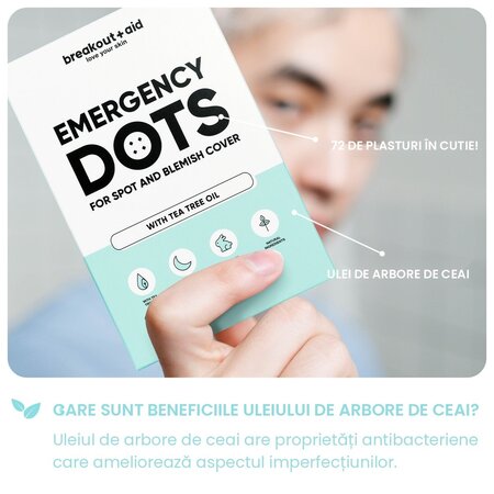 Plasturi pentru cosuri cu ulei de arbore de ceai Emergency Dots, Pimple Patches, 72 bucati, Breakout+Aid 750356