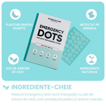 Plasturi pentru cosuri cu ulei de arbore de ceai Emergency Dots, Pimple Patches, 72 bucati, Breakout+Aid 750358