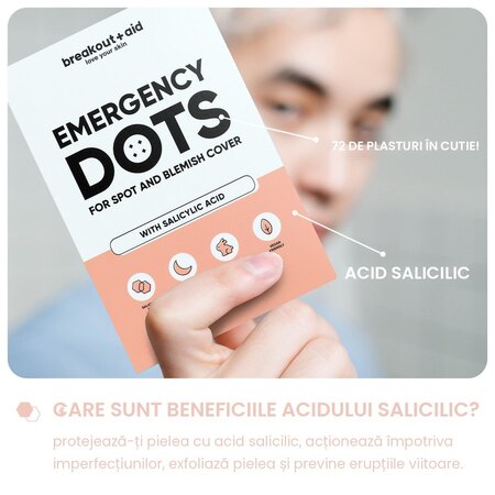 Plasturi pentru cosuri cu acid salicylic Emergency Dots, Pimple Patches, 72 bucati, Breakout+Aid 750382