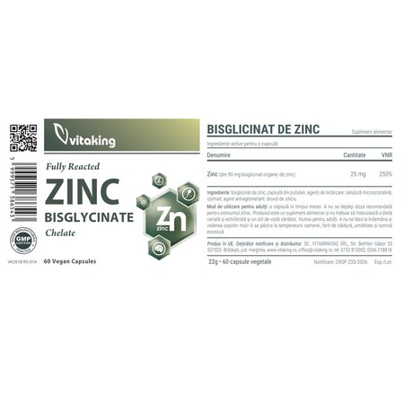 Bisglicinat de zinc, 60 capsule vegetale, Vitaking 751804