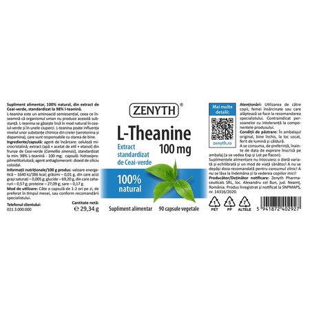 L-Theanine, 100 mg, 90 capsule vegetale, Zenyth 751857