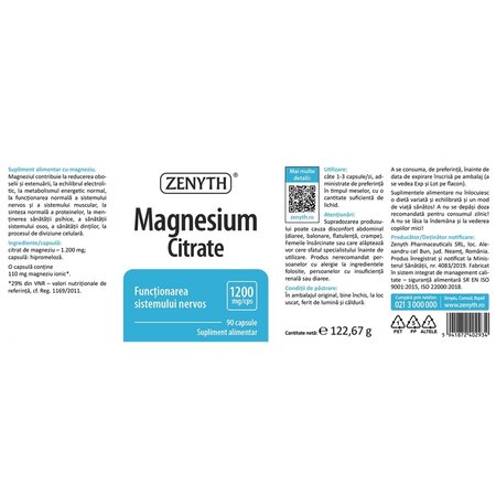 Magneziu citrat, 1200 mg, 90 capsule, Zenyth 751941