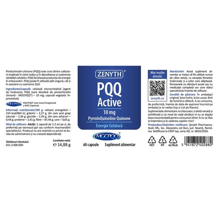 PQQ Active, 10 mg, 60 capsule, Zenyth 751883