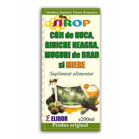 Sirop cu coji de nuca, ridiche neagra, muguri de brad si miere, 200 ml, Elidor